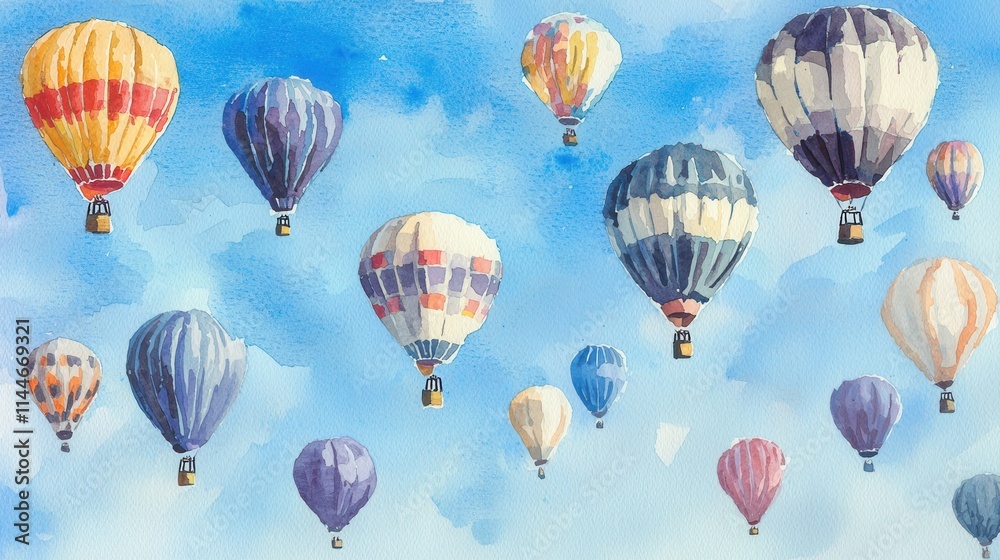 Obraz premium Colorful hot air balloons soaring above a watercolor sky vibrant art scenic landscape aerial view artistic concept