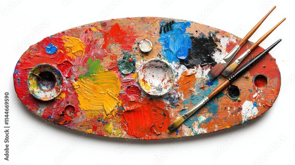 Fototapeta premium Artistic exploration top view of artist tools including paintbrushes and palette on a work surface
