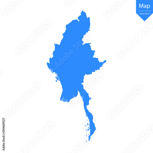 Blue map of Myanmar isolated on white background. Vector illustration eps10.