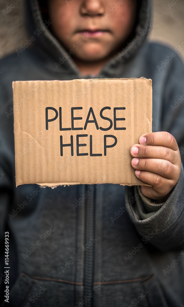 A young child sits outdoors, gripping a cardboard sign that says A young child sits outdoors, gripping a cardboard sign that says