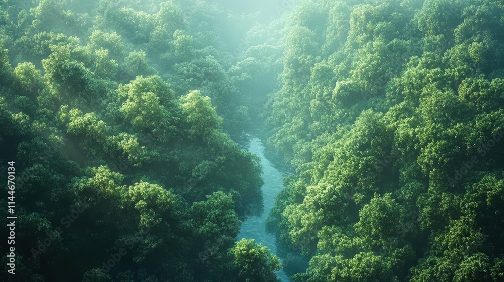 Fototapeta premium Illustrate a peaceful forest scene from above, showcasing the beauty of nature in digital 3D rendering with a focus on mindfulness