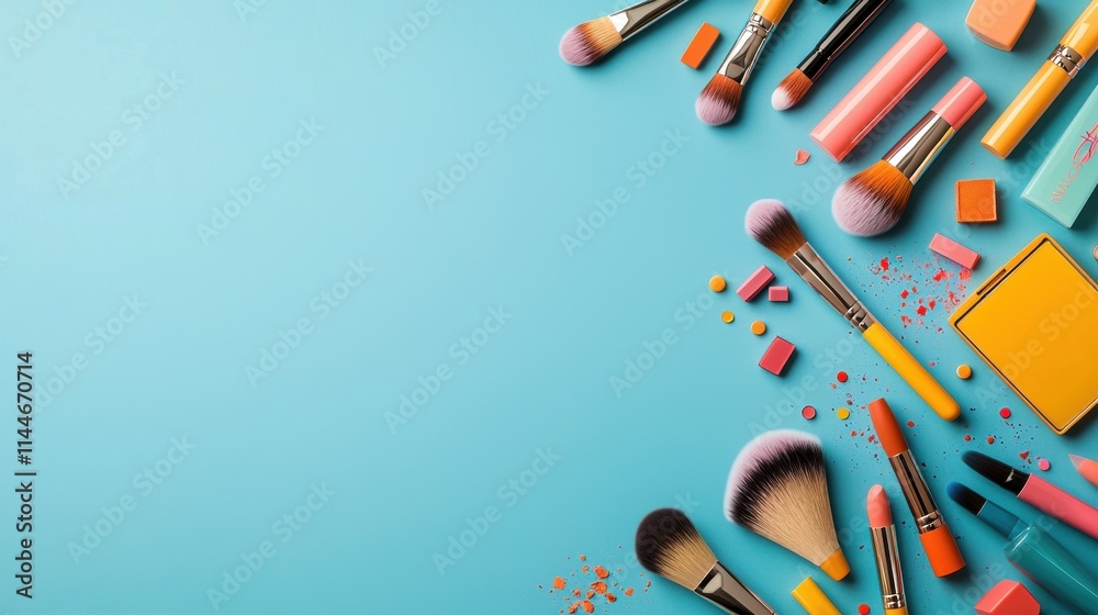 Exploring the art of makeup application a vibrant collection of brushes and cosmetics on a standard surface captured in a bright and colorful environment Exploring the art of makeup application a vibrant collection of brushes and cosmetics on a standard surface captured in a bright and colorful environment