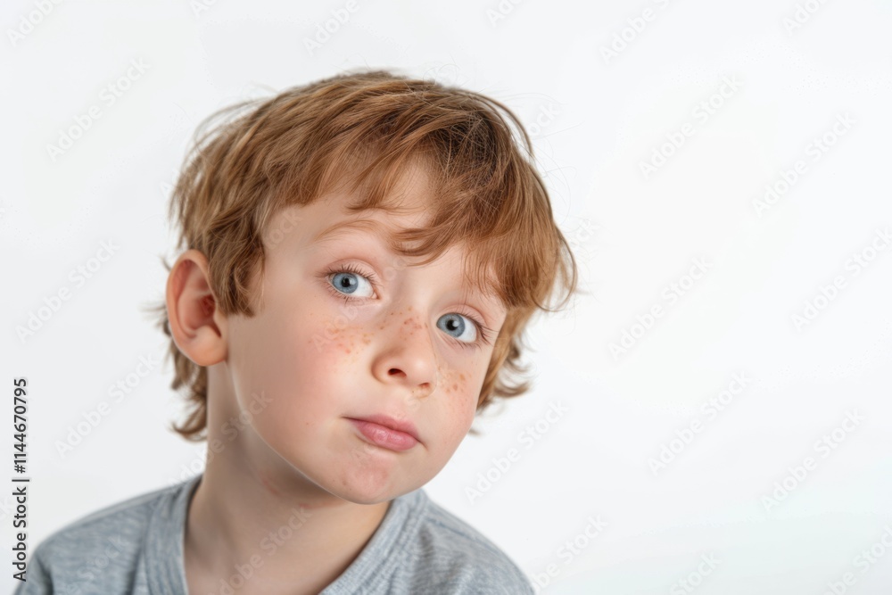 Curious Young Boy with Freckles and Messy Hair, Gazing with Blue Eyes, Portrait Against Plain White Background, Ideal for Family and Childhood Themes Curious Young Boy with Freckles and Messy Hair, Gazing with Blue Eyes, Portrait Against Plain White Background, Ideal for Family and Childhood Themes