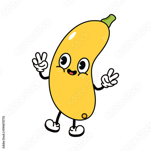 Jumping Yellow vegetable marrow character. Vector hand drawn traditional cartoon vintage, retro, kawaii character illustration icon. Isolated white background. Yellow vegetable marrow character