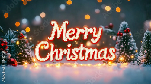 Merry Christmas light sign placed in the snow glowing yellow.