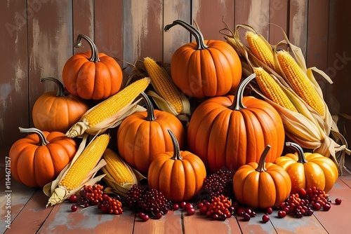 Various pumpkins with magnolia-vine, dog rose berries with acorns and fallen autumn leaves and corn with walled basket on wooden table, copy space photo