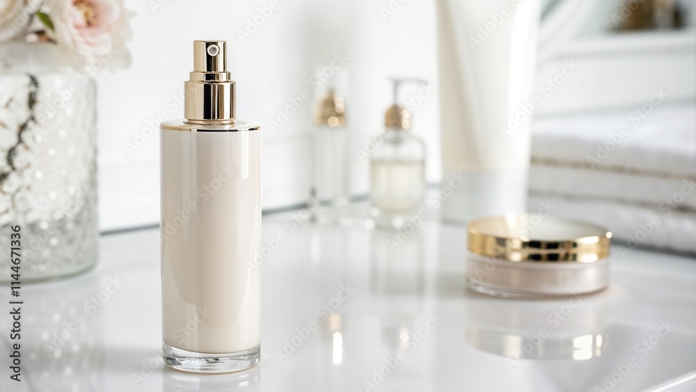 Elegant skincare bottle with pump dispenser surrounded by cosmetics on a marble countertop