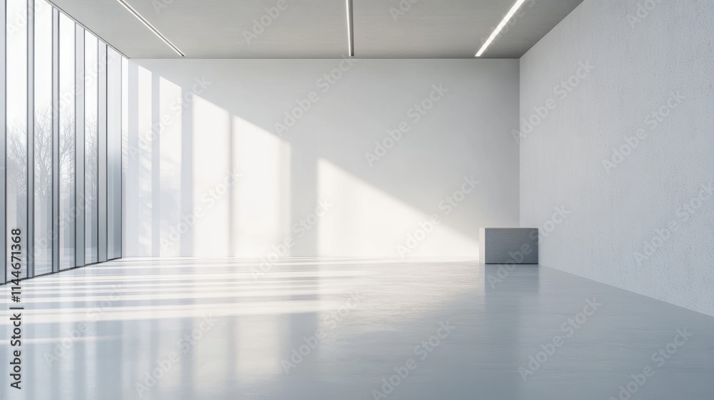 A photography studio with an empty layout, softboxes, and a smooth white floor, creating a minimalist and functional space A photography studio with an empty layout, softboxes, and a smooth white floor, creating a minimalist and functional space