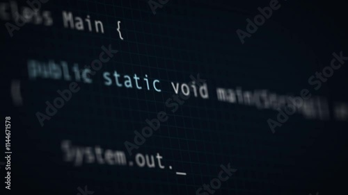 Simple source code text typing animation. Program language running on dark computer screen.