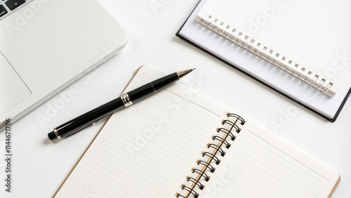 Open notebook with a black pen on a workspace, laptop and blank pages, organized stationery