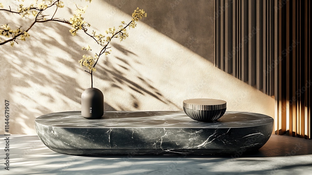 Elegantly placed vase bowl atop marble table in a sunlit photo.. AI Generated Elegantly placed vase bowl atop marble table in a sunlit photo.. AI Generated