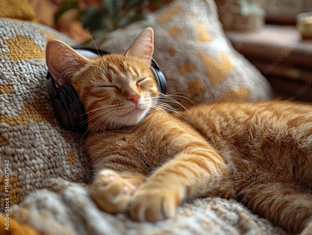 Adorable Ginger Cat Relaxing on a Sofa While Wearing Stylish Wireless Headphones Adorable Ginger Cat Relaxing on a Sofa While Wearing Stylish Wireless Headphones