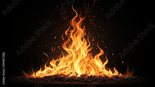 Realistic fire on transparent background, high quality  with intense red and orange flames, perfect for digital design, graphics and animation