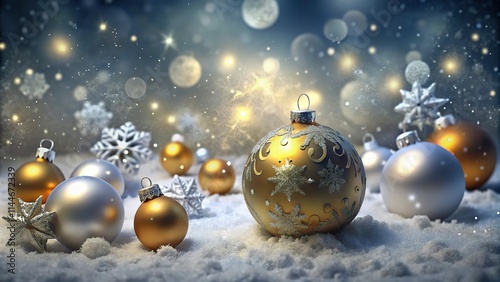 Elegant Gold and Silver Christmas Background with Shimmering Seasonal Baubles, Snowflakes, and Bokeh Effect. Festive Holiday Decor for Winter Celebration, Perfect for Greeting Cards and Advertising.