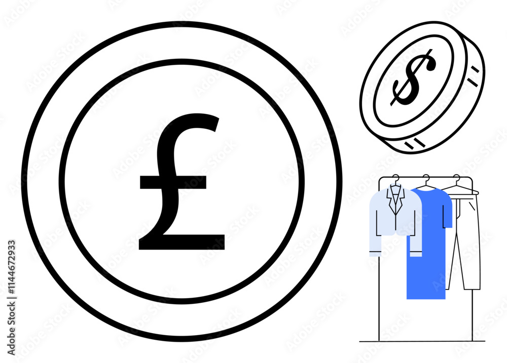 Currency symbols of pound and dollar on coins, clothes on a rack with shirts and trousers. Ideal for finance, economics, fashion industry, retail, budgeting, currency exchange global trade. Line Currency symbols of pound and dollar on coins, clothes on a rack with shirts and trousers. Ideal for finance, economics, fashion industry, retail, budgeting, currency exchange global trade. Line