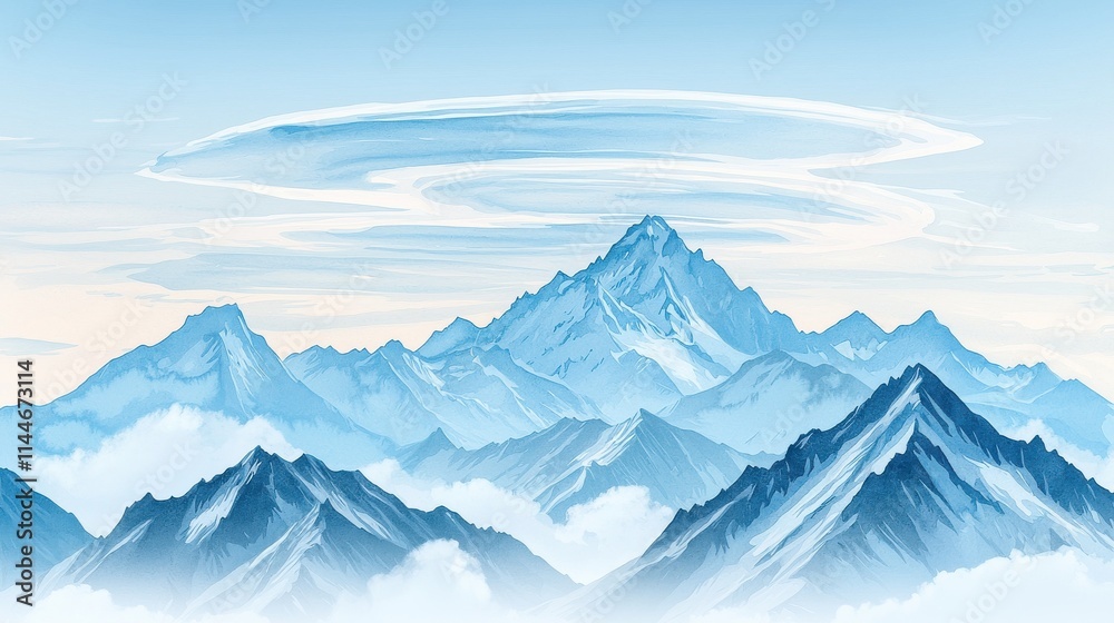 Lenticular clouds forming over majestic mountains in a watercolor sky nature scene tranquil environment aerial view artistic concept Lenticular clouds forming over majestic mountains in a watercolor sky nature scene tranquil environment aerial view artistic concept