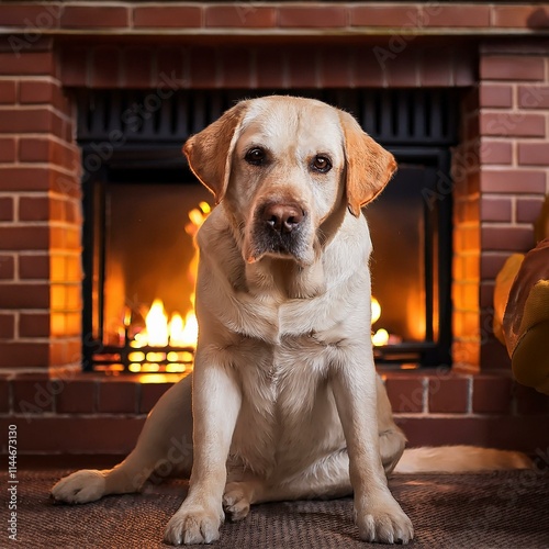 yellow lab in front of living room fireplace with fire in the background