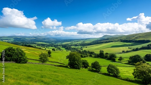 Picturesque rolling hills under a vibrant blue sky,symbolizing peace and nature