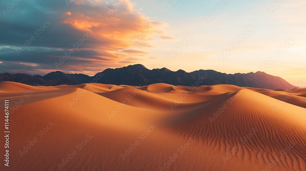 Dramatic Desert Sunset with Golden Sand Dunes and Ethereal Skies Dramatic Desert Sunset with Golden Sand Dunes and Ethereal Skies