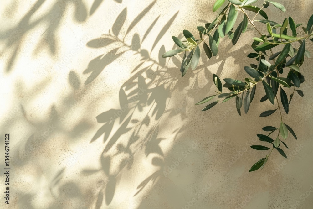 Modern minimalist olive branch in sunlight on beige wall background. Modern minimalist olive branch in sunlight on beige wall background.