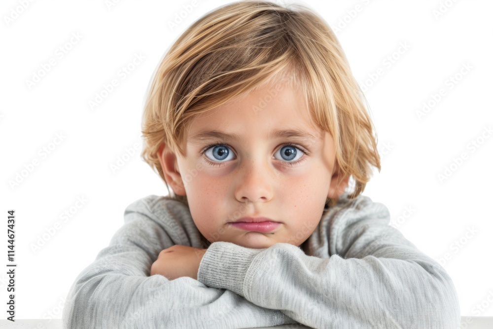 Thoughtful Child with Blue Eyes and Wavy Blonde Hair Looking Curiously at the Camera, Posing in a Soft Gray Sweater Against a Bright Background Thoughtful Child with Blue Eyes and Wavy Blonde Hair Looking Curiously at the Camera, Posing in a Soft Gray Sweater Against a Bright Background