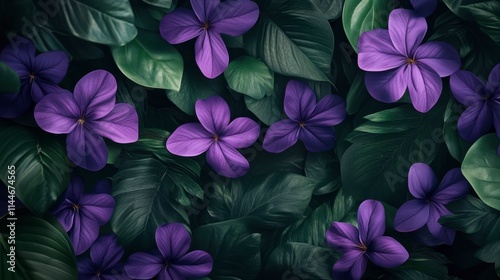 Vibrant Purple Flowers Amid Rich Green Leaves in Nature Background