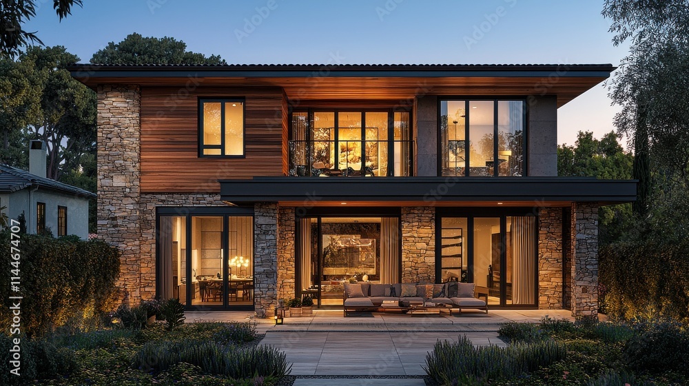 Modern two-story home with wood accents outdoor space residential architecture sunset view contemporary design Modern two-story home with wood accents outdoor space residential architecture sunset view contemporary design