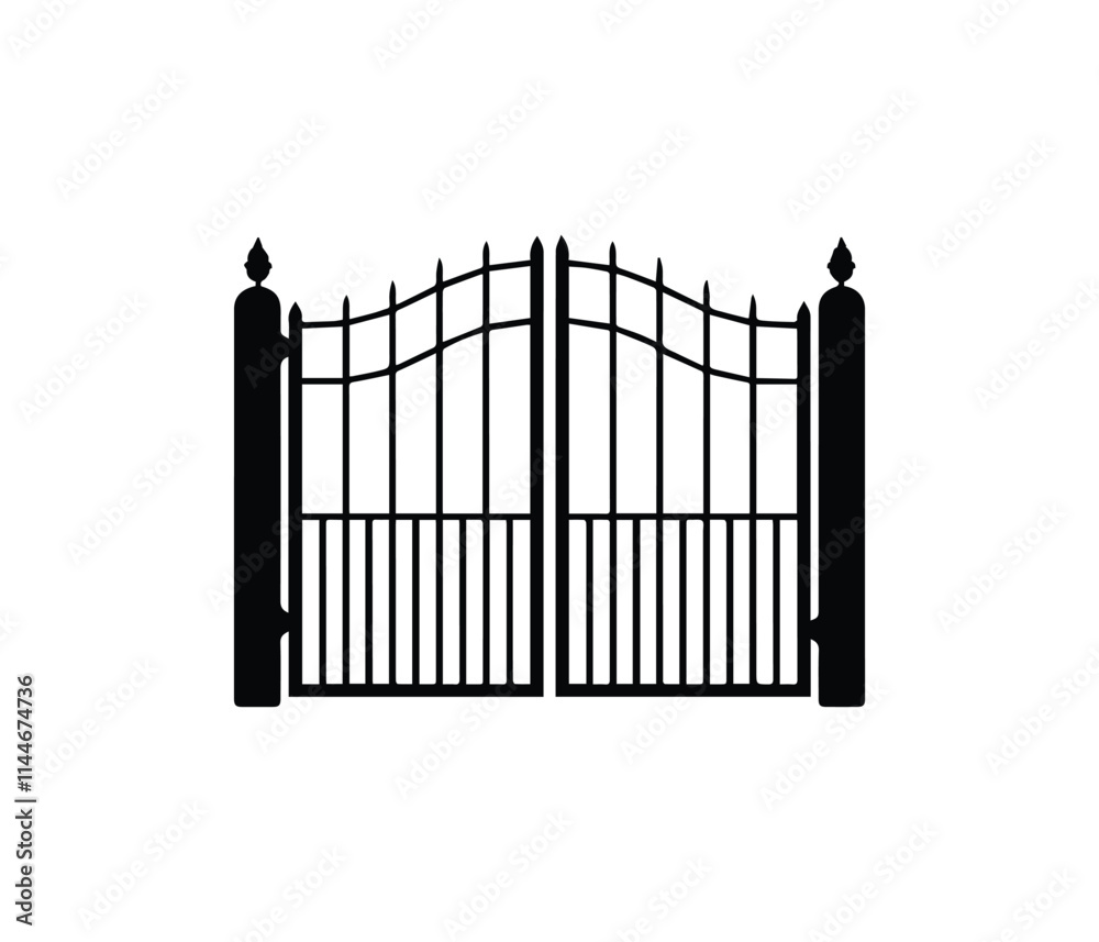 This simple, black and white vector graphic depicts a classic double metal gate. This simple, black and white vector graphic depicts a classic double metal gate.