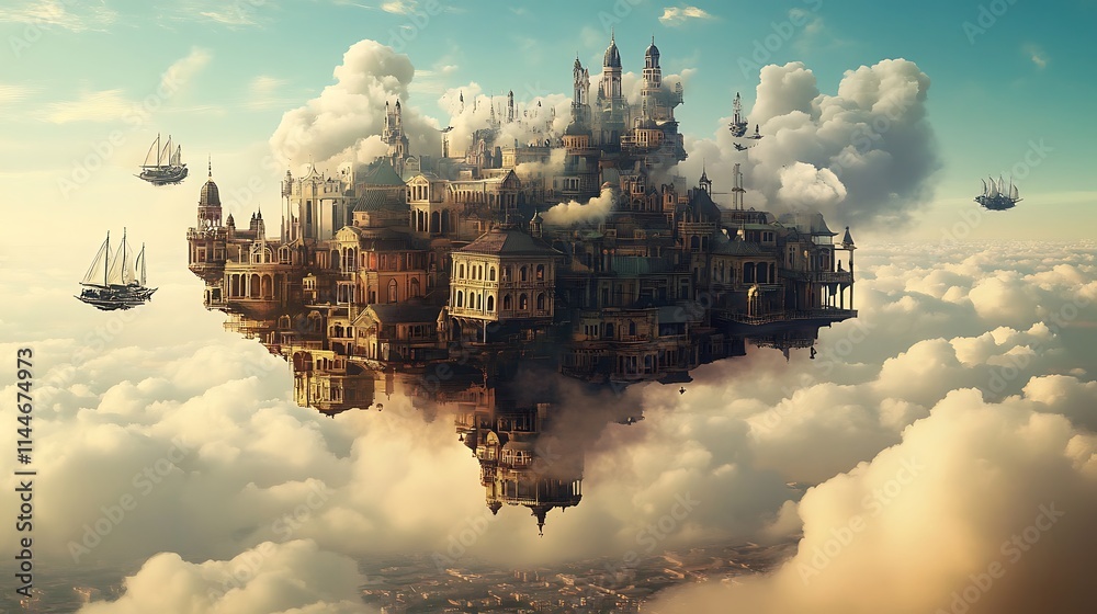 Fototapeta premium Floating Cityscape: A Digital Painting of an Aerial Town Among the Clouds. AI Generated
