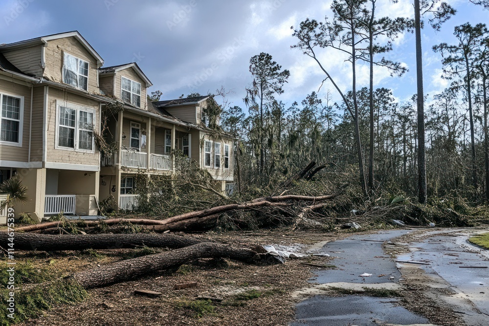 Obraz premium Damage to Residential Building from Fallen Trees