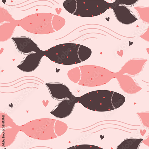 Seamless pattern with cute dark and pink fishes with hearts. Vector illustration for Valentine's Day.	
