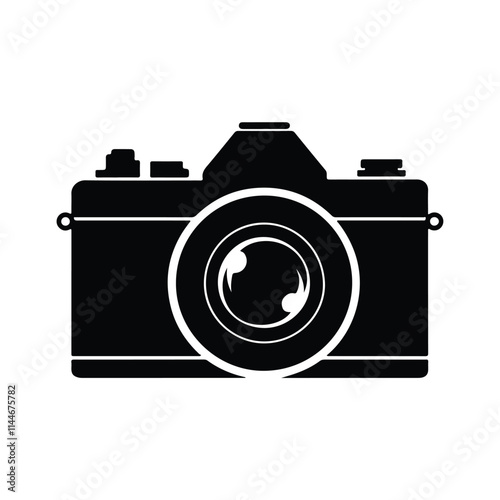 A clean, minimalist black silhouette of a camera.. Simple Black Silhouette of a Camera. 
