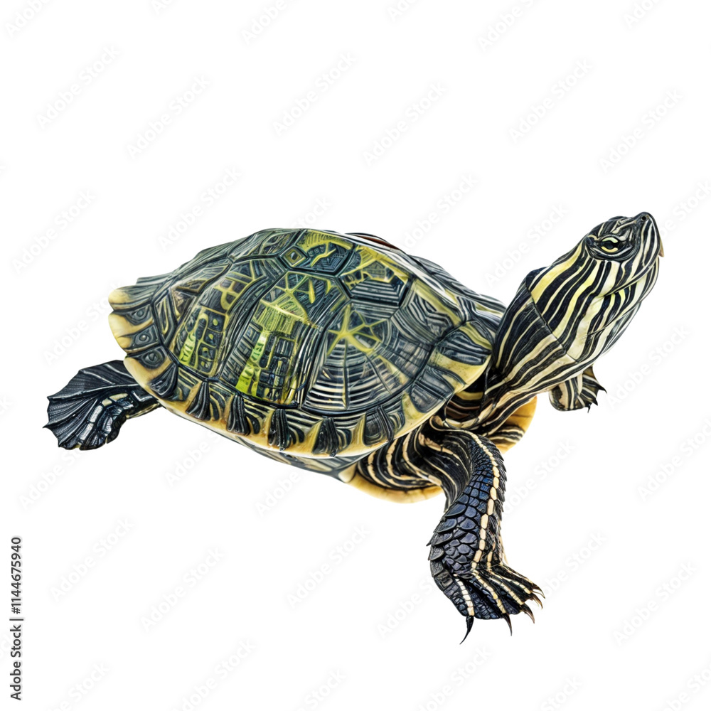 Fototapeta premium Green Turtle: Close-up of a green turtle, showcasing its intricate shell and yellow stripes. Its head is tilted slightly upwards, creating an inquisitive and endearing expression. 