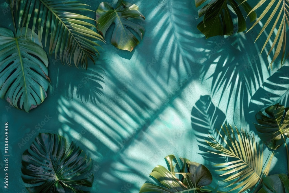 Naklejka premium Shadow background of tropical monstera and palm leaves overhead view