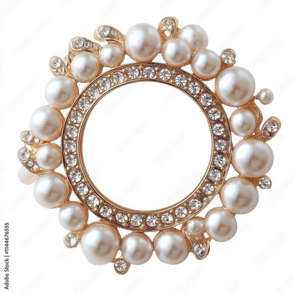 A pearl-studded brooch with an elegant, circular shape and a subtle sparkle on a white background A pearl-studded brooch with an elegant, circular shape and a subtle sparkle on a white background