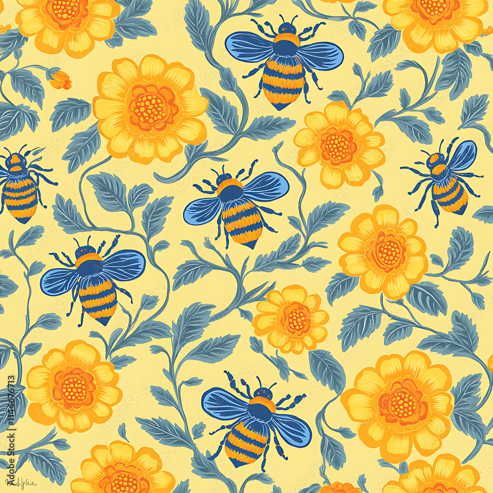 Fototapeta premium Charming Floral Bee Pattern Featuring Bright Yellow Flowers and Bees on a Soft Yellow Background for Vibrant Design Projects and Creative Endeavors
