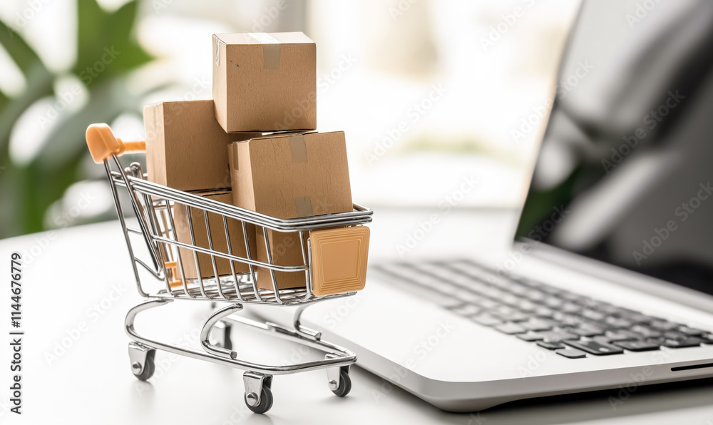 Tiny shopping cart loaded with packages sits beside a laptop, representing e-commerce and digital shopping Tiny shopping cart loaded with packages sits beside a laptop, representing e-commerce and digital shopping