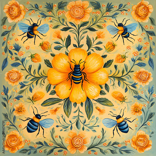 Vibrant Floral Pattern Featuring Bees and Yellow Flowers Against a Soft Blue Background in an Artistic Composition Suitable for Various Design Projects