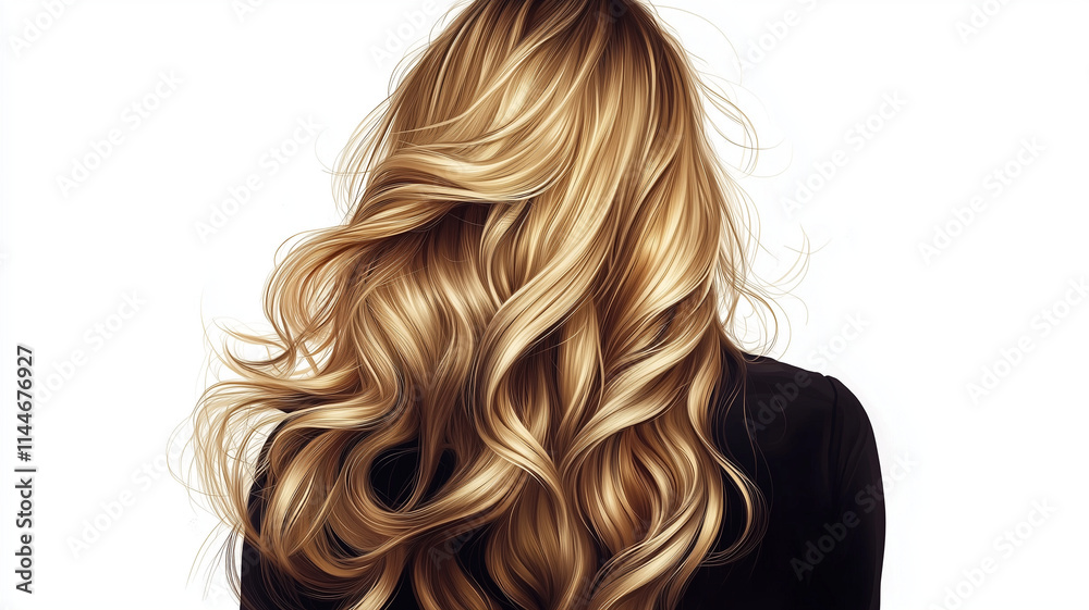 Long, wavy blonde hair cascading down back of woman, showcasing beautiful texture and shine, creating elegant and stylish appearance Long, wavy blonde hair cascading down back of woman, showcasing beautiful texture and shine, creating elegant and stylish appearance