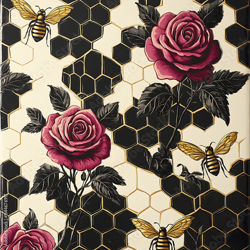 Elegant Floral Illustration Featuring Rich Pink Roses and Buzzing Bees on a Geometric Honeycomb Background for Vibrant Nature Concepts