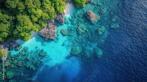 Birds-eye view of a tropical lagoon with crystal clear waters and lush greenery
