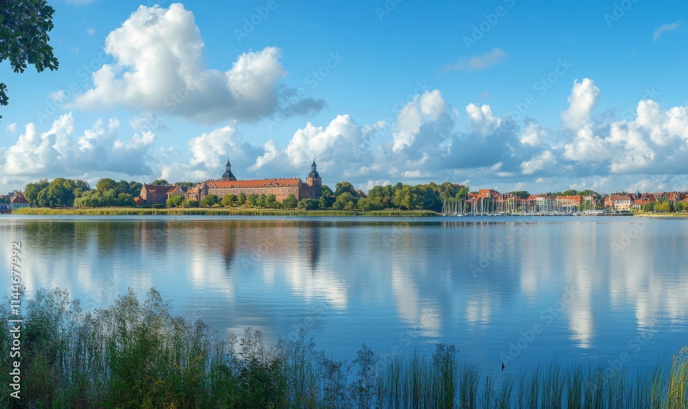 Fototapeta premium Frederiksborg Castle, in the town of Hillered on Lake Slotsse. Panorama. Denmark. XVI century. Copenhagen, Denmark, Europe