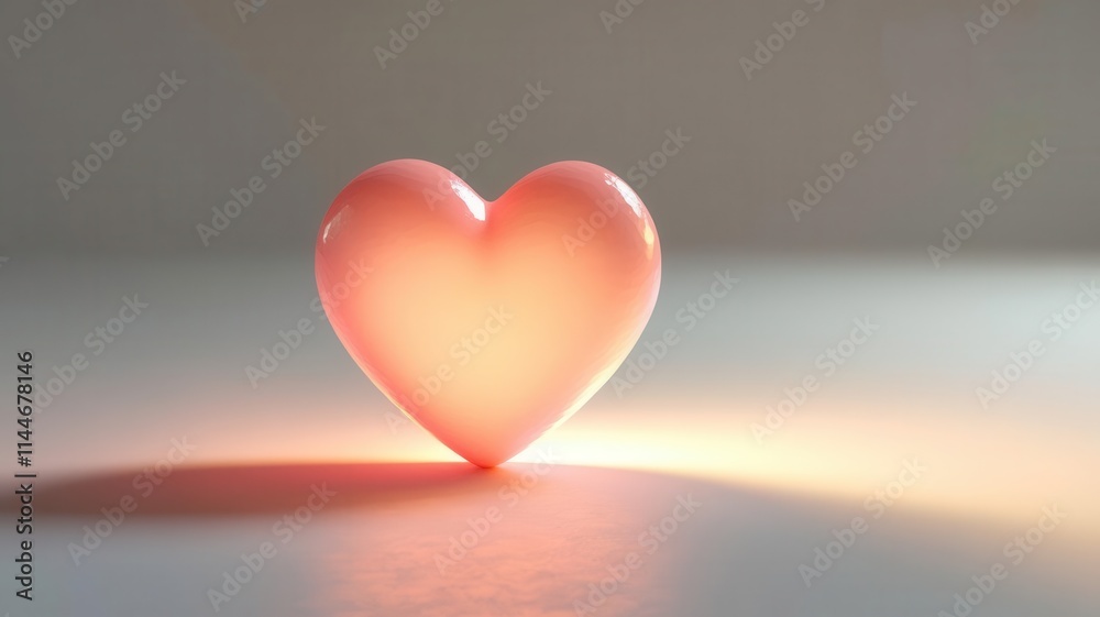 Modern Valentine design, single glowing pink heart on white space, soft shadows, minimal aesthetic, 3D illustration Modern Valentine design, single glowing pink heart on white space, soft shadows, minimal aesthetic, 3D illustration
