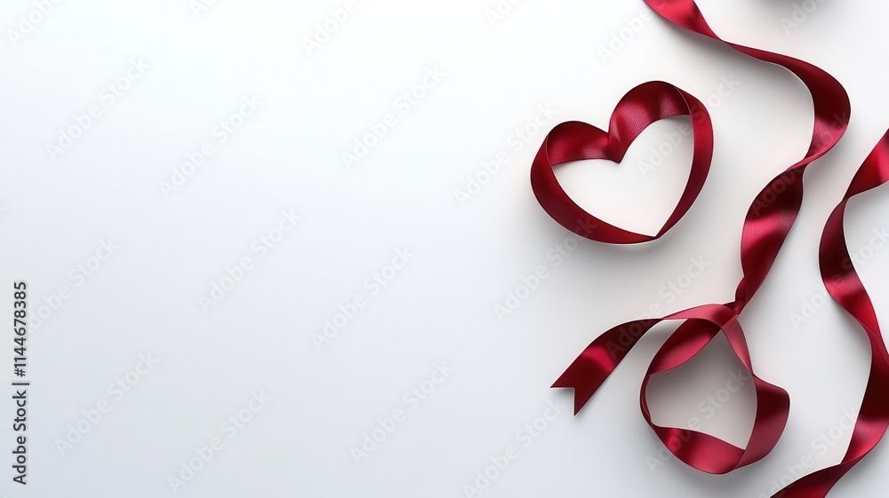 Modern minimal Valentine concept, white space with a single red ribbon in heart shape, elegant layout, 3D illustration Modern minimal Valentine concept, white space with a single red ribbon in heart shape, elegant layout, 3D illustration