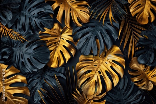 Tropical leaves gold and black  can be used as backgroundMonstera palm coconutfernclipping path photo