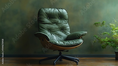 A green leather chair with a plant in front of it