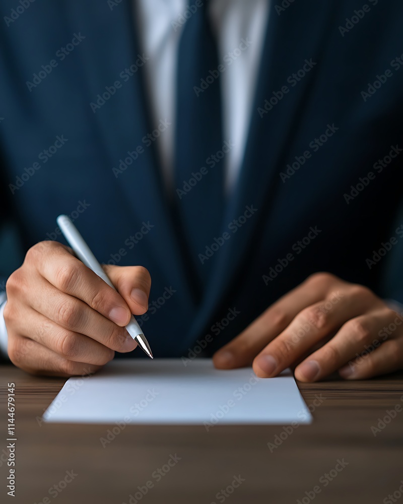 A well-dressed individual holds a pen over a blank sheet of paper, suggesting a moment of writing or reflection in a professional setting. A well-dressed individual holds a pen over a blank sheet of paper, suggesting a moment of writing or reflection in a professional setting.