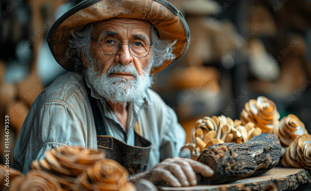 A man with a hat and glasses is sitting in front of a pile of wood. He looks tired and is leaning on a table A man with a hat and glasses is sitting in front of a pile of wood. He looks tired and is leaning on a table