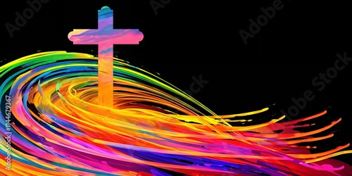 Colorful Christian cross with vibrant abstract wave background