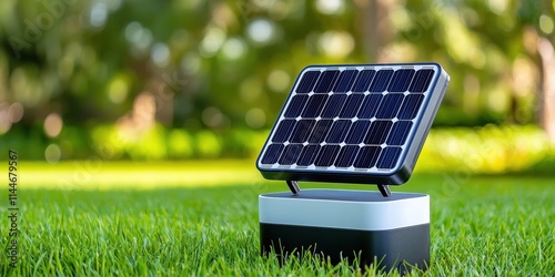 A solar panel sits on green grass, harnessing sunlight to generate renewable energy in a natural setting. photo